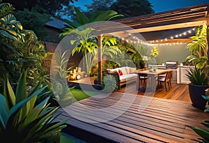 Cozy patio in the back garden with wooden decking, tropical plants and plunge pool. modern design of a place to relax at home,