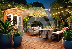 Cozy patio in the back garden with wooden decking, tropical plants and plunge pool. modern design of a place to relax at home,