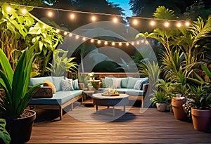 Cozy patio in the back garden with wooden decking, tropical plants and plunge pool. modern design of a place to relax at home,