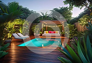 Cozy patio in the back garden with wooden decking, tropical plants and plunge pool. modern design of a place to relax at home,