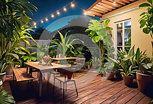 Cozy patio in the back garden with wooden decking, tropical plants and plunge pool. modern design of a place to relax at home,