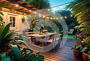 Cozy patio in the back garden with wooden decking, tropical plants and plunge pool. modern design of a place to relax at home,