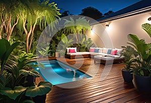 Cozy patio in the back garden with wooden decking, tropical plants and plunge pool. modern design of a place to relax at home,