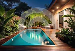 Cozy patio in the back garden with wooden decking, tropical plants and plunge pool. modern design of a place to relax at home,