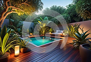 Cozy patio in the back garden with wooden decking, tropical plants and plunge pool. modern design of a place to relax at home,