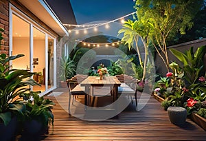 Cozy patio in the back garden with wooden decking, tropical plants and plunge pool. modern design of a place to relax at home,