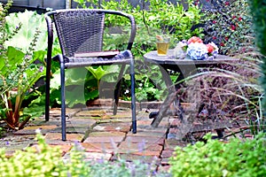 Cozy patio in beautifully landscaped secluded and private backyard garden for relaxing on warm summer afternoons