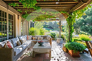 Cozy patio with sofas and a table. Pergola shade over patio