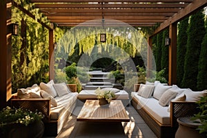 Cozy patio with sofas and a table. Pergola shade over patio