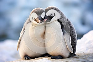 Cozy Penguins Share Embrace in Snow. Love and Support. Valentines Day and Wildlife. AI Generated.