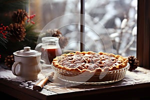 Cozy pie near the window with winter christmas decoration