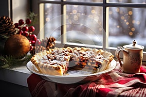 Cozy pie near the window with winter christmas decoration