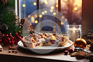 Cozy pie near the window with winter christmas decoration