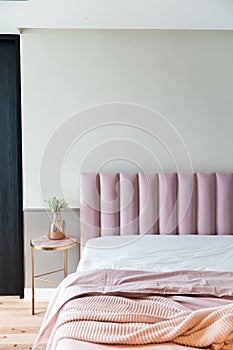 Cozy Pink Bedroom corner with baby pink velvet fabric bed decorated by blanket, pillows and pink floor lamp with two-tone beige