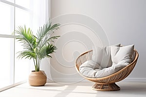 A cozy place near the window. Papasan chair. Modern minimalist room design