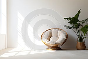 A cozy place near the window. Papasan chair. Modern minimalist room design