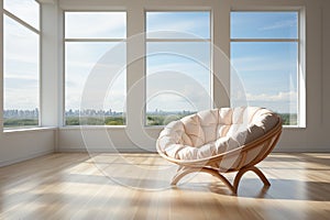 A cozy place near the window. Papasan chair. Modern minimalist room design