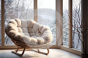 A cozy place near the window. Papasan chair. Modern minimalist room design