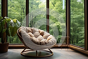 A cozy place near the window. Papasan chair. Modern minimalist room design