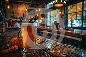 Cozy pub offering craft brew pairings with a variety of cheeses, displayed on a rustic wooden table photo