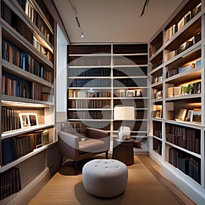 A cozy reading corner in a bookstore with floor-to-ceiling bookshelves and comfortable armchairs3