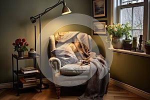 a cozy reading corner with an iron floor lamp and plush chair