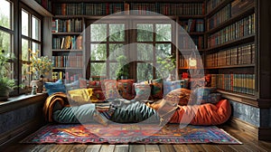 cozy reading nook, cozy reading nook adorned with vibrant patchwork pillows on a plush rug, engulfed by book-filled photo