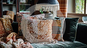 A cozy reading nook in a Bohemian Chic style living room. A mix of throw pillows in various patterns adorn a plush