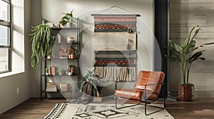 A cozy reading nook is brought to life with a woven wall hanging featuring a bold oversized pattern. Paired with a