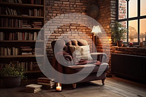 Cozy reading nook with a comfortable armchair and a stack of books. Generative AI