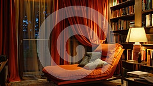 Cozy reading nook with a comfortable orange chaise lounge by a window