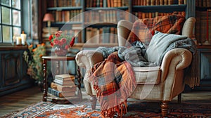 cozy reading nook, a comfy armchair draped with a cozy blanket, a pile of books nearby the perfect image of comfort and