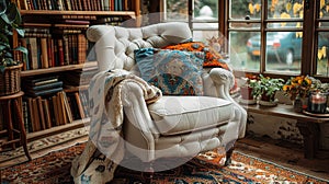 cozy reading nook, in the cozy reading nook, a comfy armchair with a cozy blanket invites you to unwind and lose