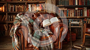 cozy reading nook, a cozy reading nook with a soft plaid blanket on a comfy leather armchair, perfect for a relaxing