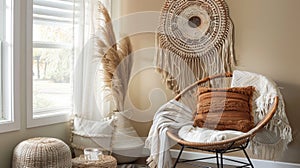 A cozy reading nook is enhanced by a small woven wall hanging with intricate patterns influenced by Native American