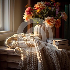 Cozy Reading Nook with Knitted Blanket and Paperback Novels