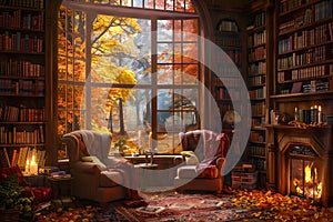 A cozy reading nook with a large window