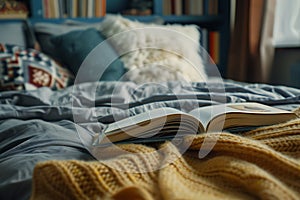 Cozy Reading Nook with Open Book on Bed, Surrounded by Textured Pillows and Warm Knit Blanket