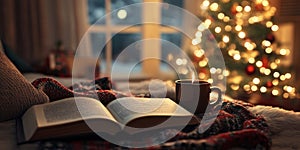 A Cozy Reading Nook with an Open Book a Cup of Tea and Soft Lighting for Winter Relaxation