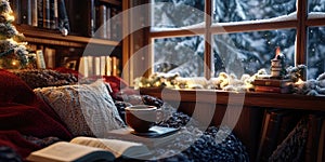 A Cozy Reading Nook with an Open Book a Cup of Tea and Soft Lighting for Winter Relaxation