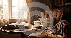 Cozy reading nook with an open book, steaming tea, and a warm blanket in soft light