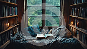 Cozy Reading Nook by Rainy Window with Bookshelves