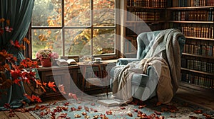 cozy reading nook, relax in a cozy nook with a comfy chair, a hot drink, and a good book, letting time slip away as you