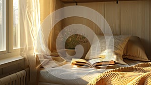 a cozy reading nook, with sunlight streaming onto highlighted quotes in a book, evoking a sense of introspection and