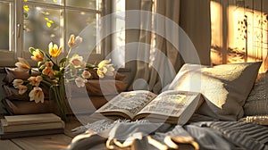 a cozy reading nook, with sunlight streaming onto highlighted quotes in a book, evoking a sense of introspection and