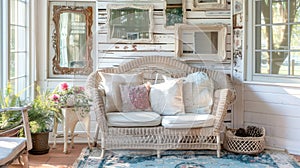 A cozy reading nook in a sunroom with distressed wicker furniture and a shabbychic rug. The walls are adorned with a mix