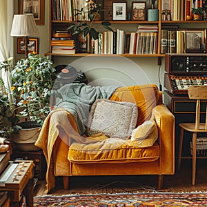 Cozy reading nook with vintage audio equipment