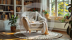 cozy reading nook, in the cozy reading nook, a welcoming armchair draped with a snuggly throw invites you to relax and photo