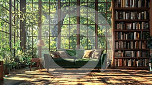Cozy reading room with green sofa and large windows. Home library interior design.