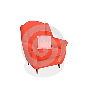 Cozy red armchair with a pillow on an isolated white background. Vector illustration of a home chair for the interior